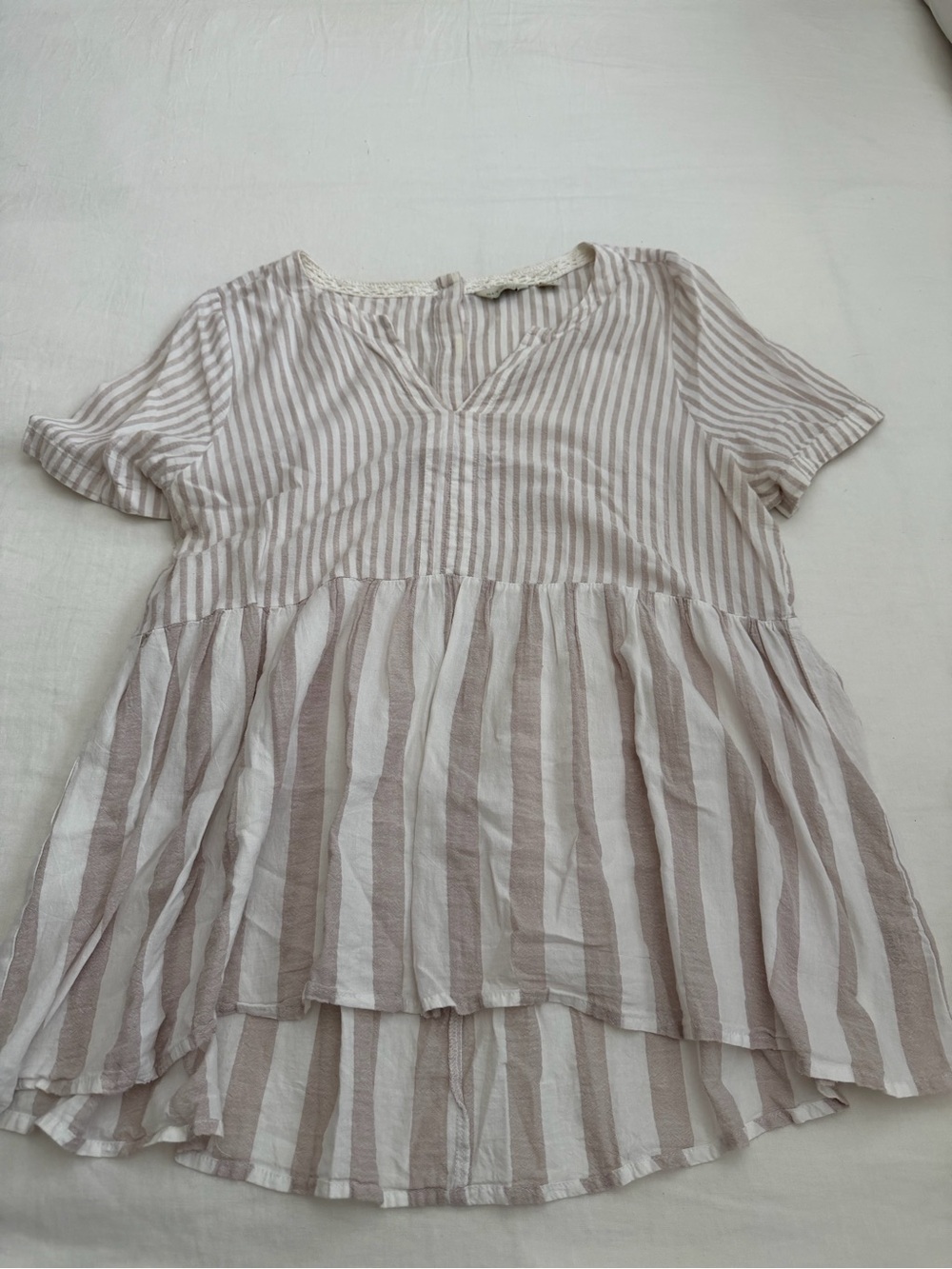 Anthropologie Beige and White Striped V-Neck Peplum Blouse